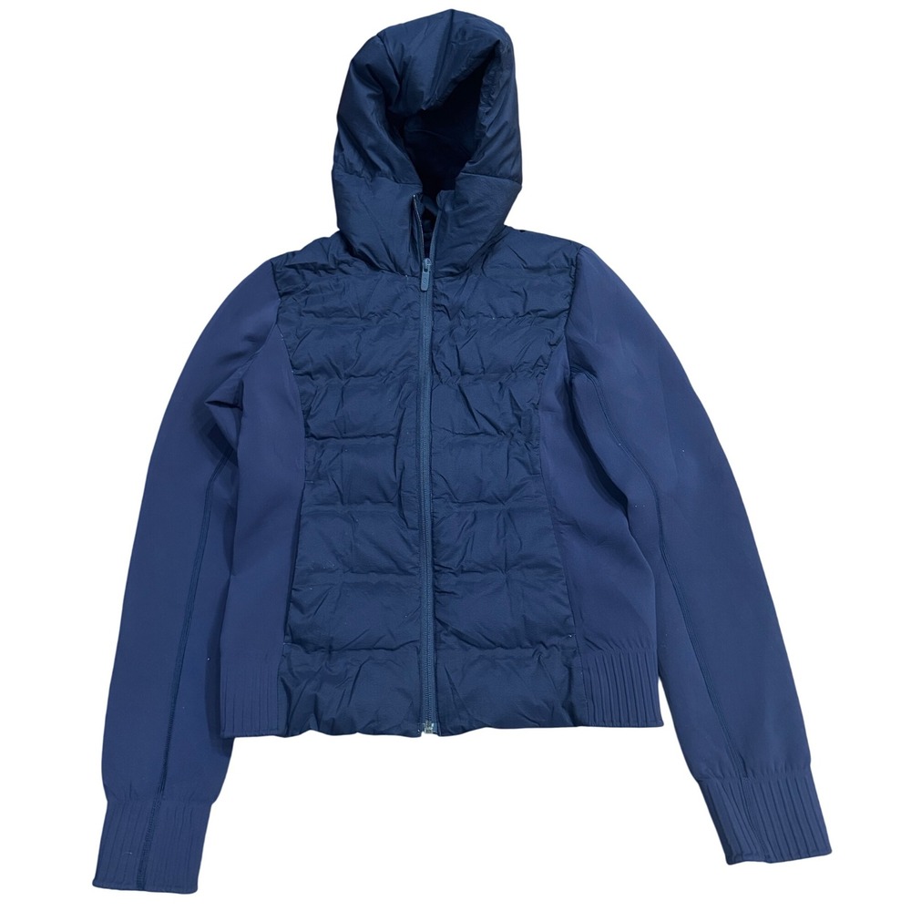 Lululemon Hooded Hybrid Jacket Size 6 Quilted ZipUp Athelesiure Minimialist Navy